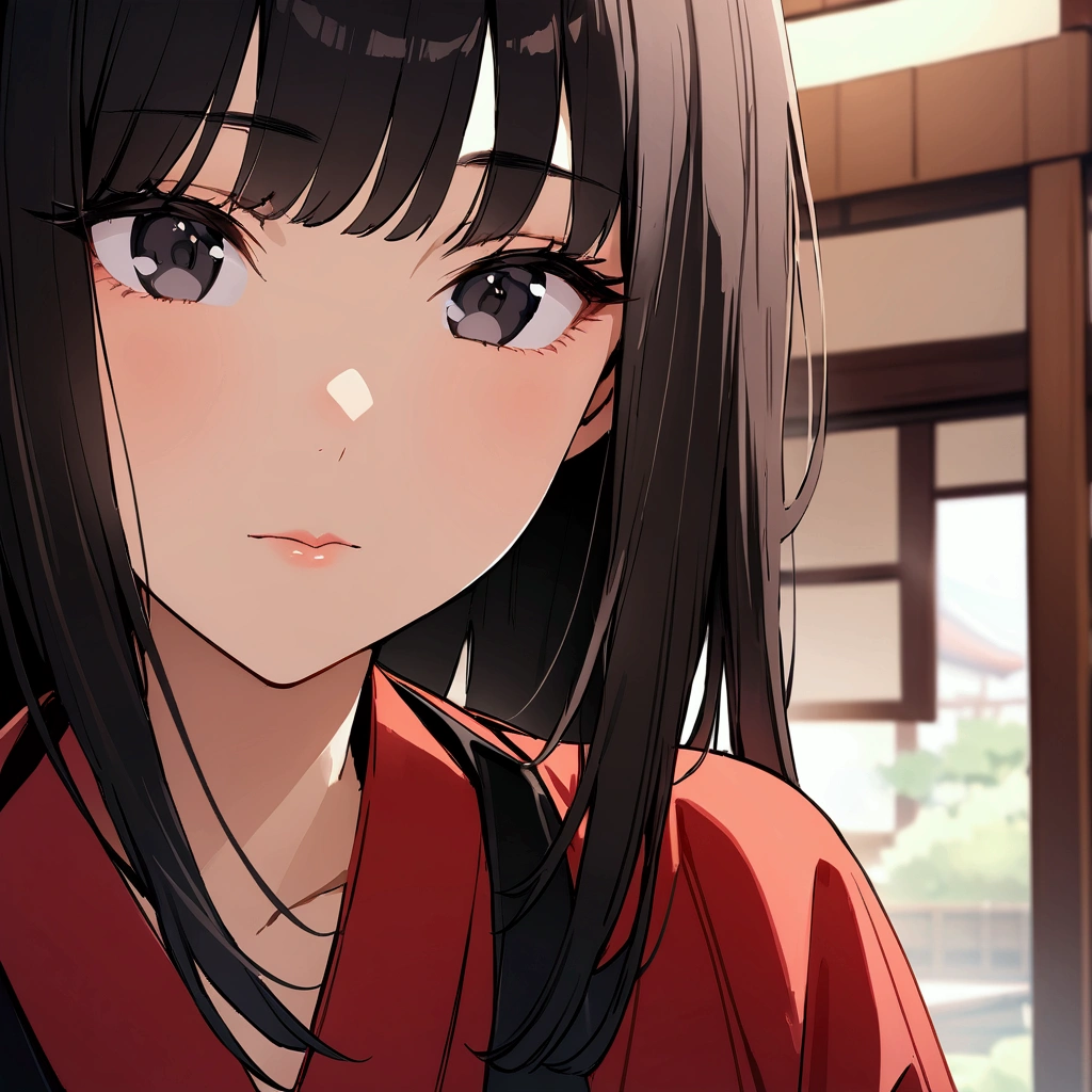 (female): solo, (perfect face), (detailed outfit), (30 years old), plain expression, black hair, straight hair, black eyes, (face close up), red yukata under black robe, indoor, japanese house , (masterpiece), (best quality), (sharp focus), (depth of field), (high res)