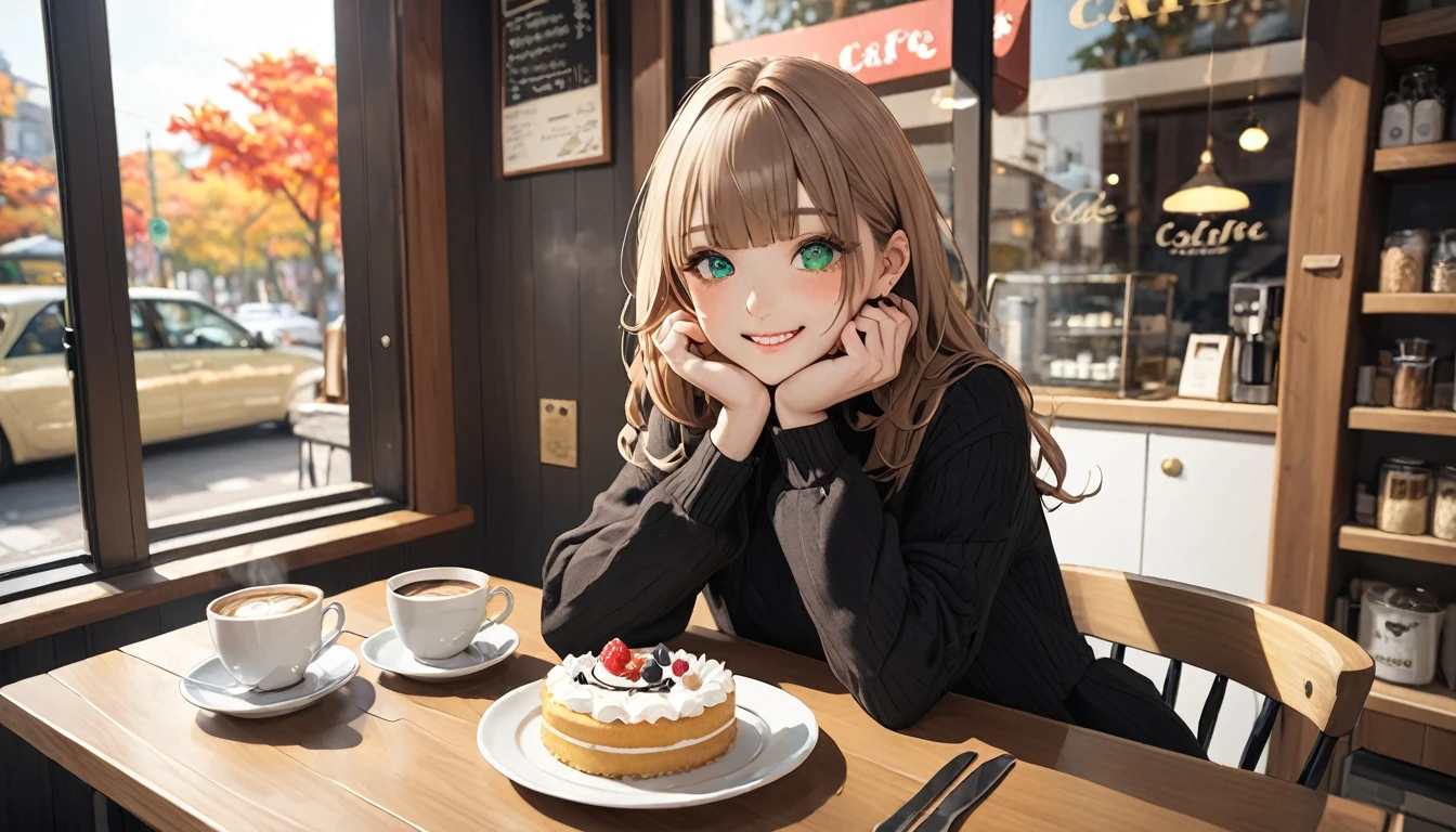 (Highest quality、In 8K、32K、masterpiece、Hmph、Ultra-high resolution、Impressionism、Photorealistic:1.2)、Cowboy Shot、Sharp focus、Detailed face and eyes、(There is a plate of cake and coffee on the table, Cafe, sitting at a mocha-colored table, dessert, ミニチュアCafeジオラマ, ダイナーCafe, At the coffee shop, 居心地の良いCafeの背景, At the coffee shopコーヒーを楽しむ, Cafeに座っている, Shot on a Sony Alpha 1 camera, by Haku Maki)、Sharp pupils、Realistic students、Beautiful Face、18 year old beautiful girl、Glowing Skin、Medium Short、Beautiful light brown hair、Blunt bangs、Green-eyed eyes、Autumn Coordination、Black socks、Put your right hand on your cheek、(A happy smile:1.2)、