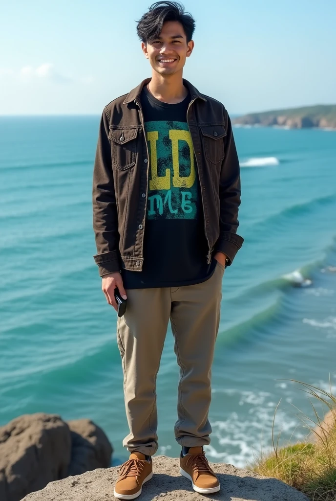 a handsome man from Indonesia, white and clean skin, He was wearing a dark brown denim jacket and a bright black t-shirt with a Ghoul motif., his shirt has text written on it"LD" green blue logo broken letters, long pants, brown sports shoes, slightly messy black hair, standing pose, she smiled sweetly facing forward, he is holding a cellphone, standing on a rock, blue sea waves background, realistic, full hd