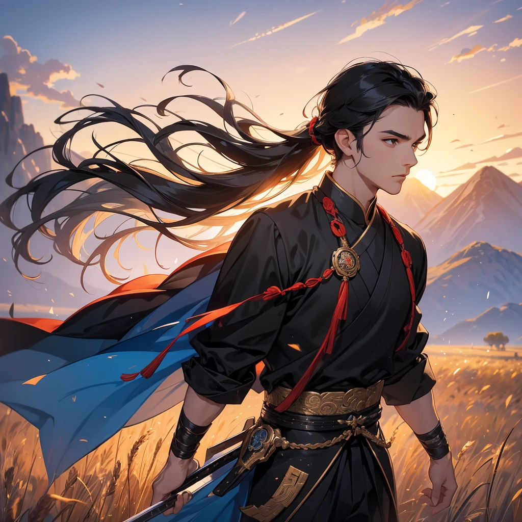 Handsome black-haired male general holding a large sword in black ancient Chinese costume, Standing in the middle of wheat field, sunset, close up.behind which are mountains, there are low clouds floating in the blue sky.