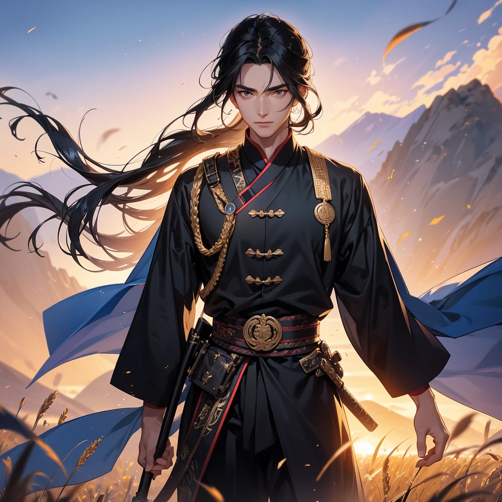 Handsome black-haired male general holding a large sword in black ancient Chinese costume, Standing in the middle of wheat field, sunset, close up.behind which are mountains, there are low clouds floating in the blue sky.