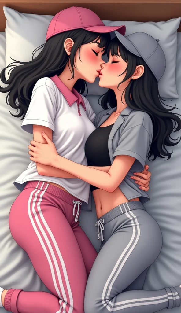 Two girls long black hairs, yuri
The first girl wear a white adidas polo shirt pink shirt collar pink sleeves, pink cap, pink adidas sweatpants with three white stripes, black tight tank top inside, black underpants, medium white socks.
The second girl wore a white adidas polo shirt grey shirt collar grey sleeves, grey cap, grey adidas sweatpants with three white stripes, black tight tank top inside, black underpants, medium white socks.
The hem of their adidas polo shirts was tucked into their sweatpants.
french kiss, lesbian kiss, hugging, hand on chest, sensual body, closed eyes, lying on the bed, novel cartoon, 4K, HD