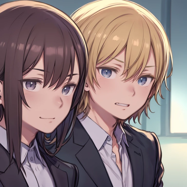 2 people,Grin,ドアに耳を押し当てて盗み聞きしている2 peopleの少年を描いたアニメ風の画像. The two boys lean forward and listen intently.. One boy is blonde, The other one has brown hair.. They are both wearing white collared shirts. The composition focuses on the upper body, Capture their curious expressions,(Detailed eyes),Detailed skin,masterpiece,最high quality,最high quality,high quality,