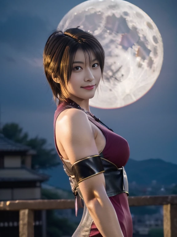 20 year old Japanese beauty，One woman、Muscular body like a bodybuilder、Emphasize the breasts、Slit eyes、A head-to-toe view，Bust is very very large、Full moon night in the background、High quality photos、Clear, crisp images of the lower body、Masterpiece 8k、Smiling、Throwing a shuriken with the right hand、From the front, from the side, from the back, etc.々from what camera angle to shoot、A ninja costume of purplish-red color