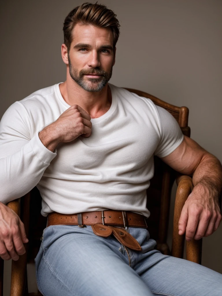 hair, portrait of a ruggedly handsome paladin, muscular, half body, masculine, mature, Retrato de un joven, Muscular very handsome and attractive spanis men, A 40 years old male, Retrato de un joven, Muscular, real, white shirt, winter outfit, sit in a chair