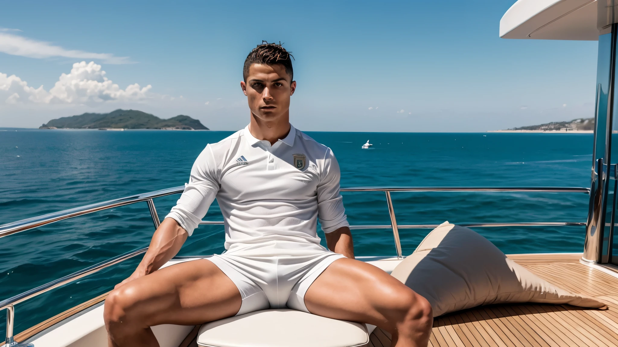 "Create a highly realistic image of Cristiano Ronaldo sitting on a luxury yacht in the middle of a calm, clear sea. The image should capture Ronaldo relaxing on the deck, with the water reflecting the sky and gentle waves around the yacht. The sea should be crystal clear, showing some depth, but with no other distractions in the background. Make sure Ronaldo's facial features and physique are accurately represented, focusing on realism."
