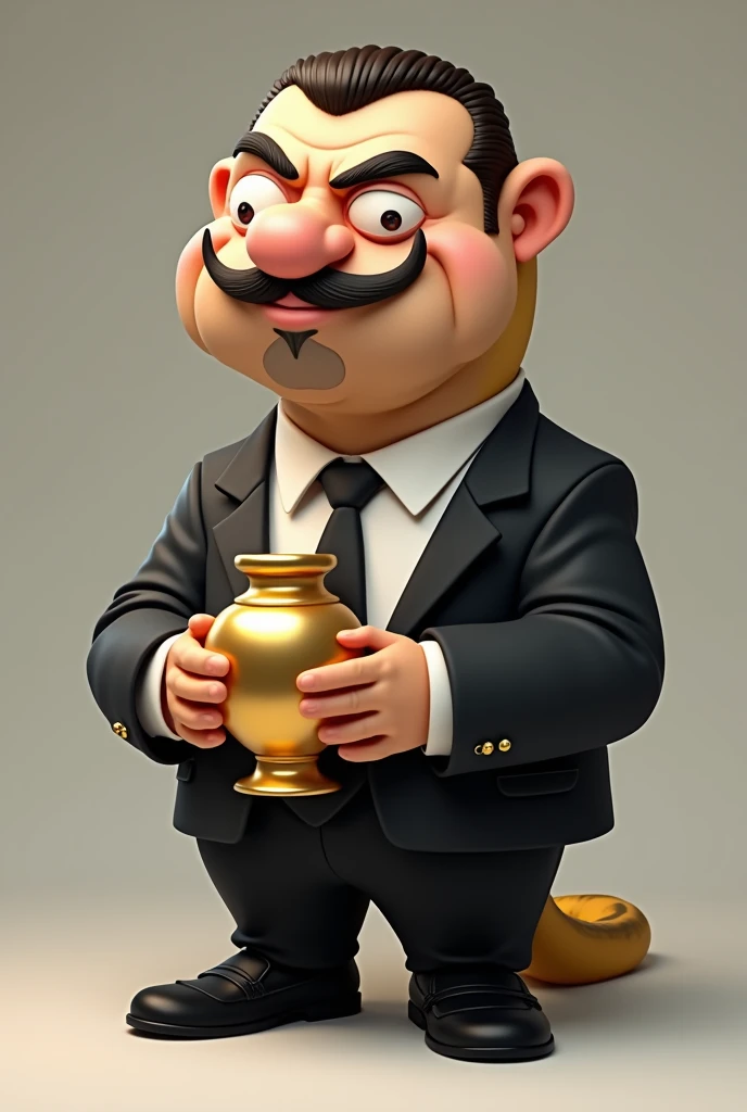 Cartoon boa dressed as WWE wrestling manager Paul Bearer.
Cartoon boa head. Cartoon boa hands. Old looking. Pudgy. Short black mustache. Black goatee.
Short brown crew cut hair. Black suit. White dress shirt. Black tie. Black pants. Black loafers. Holding a gold urn.