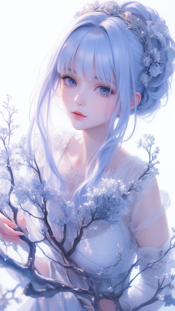 (absurderes, A high resolution, ultra - detailed, NFFSW, Cinematic), Solo, 1girl in, 18yr old, White flare Chiffon Short skirts fluttering, Girl standing in light blue garden, Light blue petals surround a girl, Slim body、smallunderboob、full bodyesbian, Blue long-haired girl, Light blue hair, fantasy, Dreamy, Yuki, offcial art, pop-art, profile, com rosto detalhado, hyper detail eyes, Light blue garden, Hyper-detailed fields, White blue sky, Cold, Light blue, White, Nebula in the sky, blue tree, watercolor paiting, Pastel color