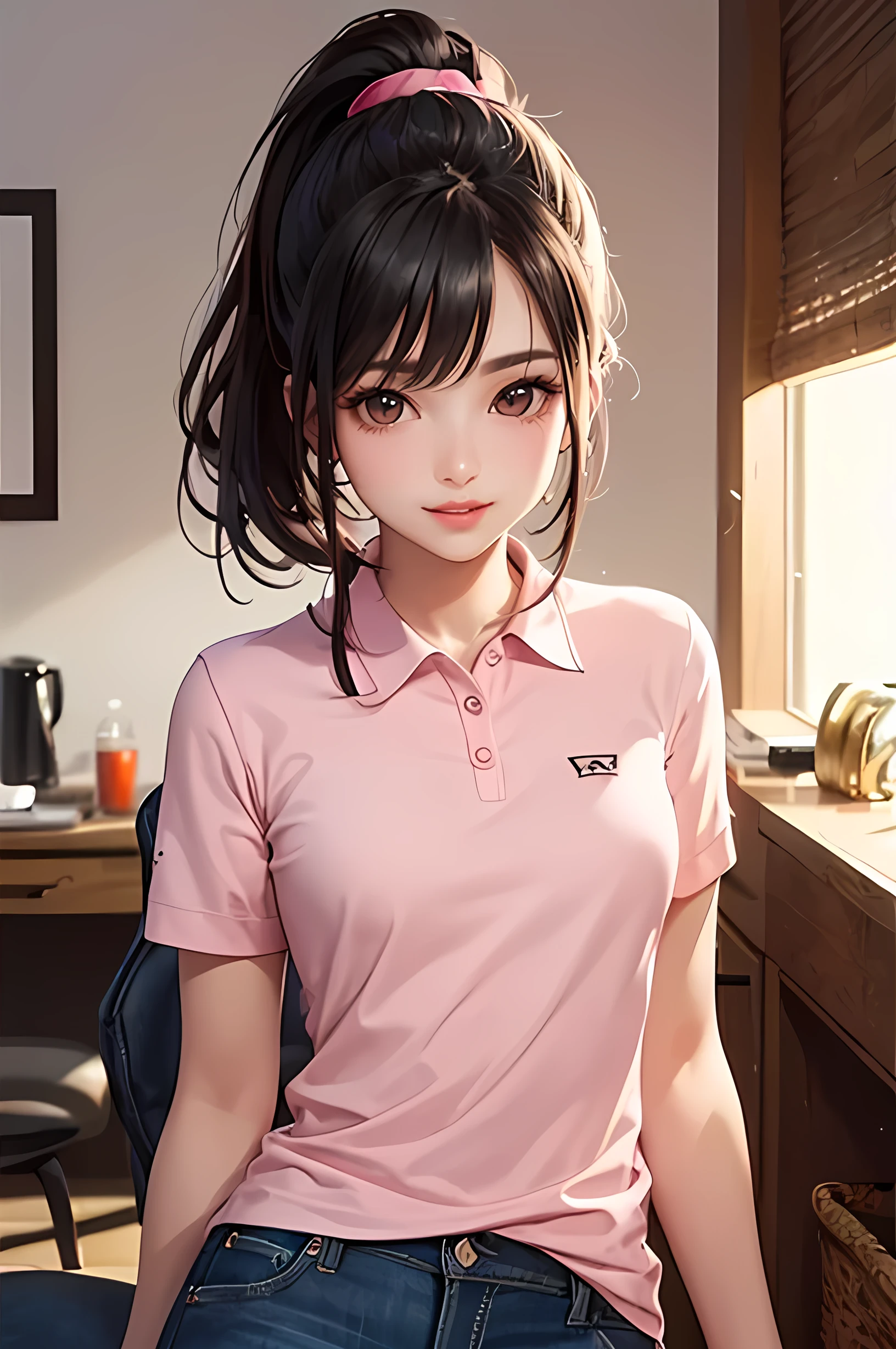(Highest quality、Highest quality、Masterpiece、Very delicate、Very detailed、Exquisite、16K、Full HD)、1 female、(Pink short sleeve polo shirt、jeans)、Small breasts、Perfect body line、Glowing Skin、(Groomed eyebrows、Pink Lips、Brown eyes)、(Black Hair、ponytail、Shiny Hair)、smile、Dramatic lighting、