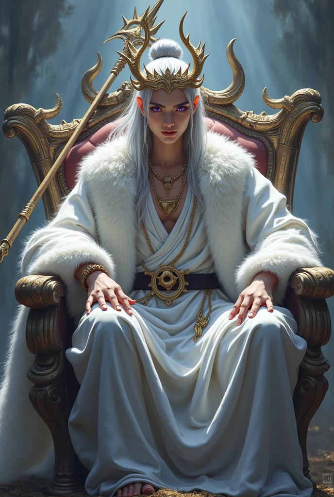 Handsome young man between 18 and ,long silver hair tied in a bun with amethyst eyes wearing a beautiful outfit made of white bear fur, tigers, a crown of horns above the head slightly resembling the sun, surrounded by beautiful concubines. Sitting on a throne made of dragon bones with a spear over his shoulder that has a curved scythe below the tip resembling a moon
