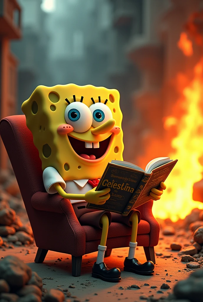 An image of SpongeBob sitting in a chair reading the literary work La Celestina with joy,while everything around them burns 