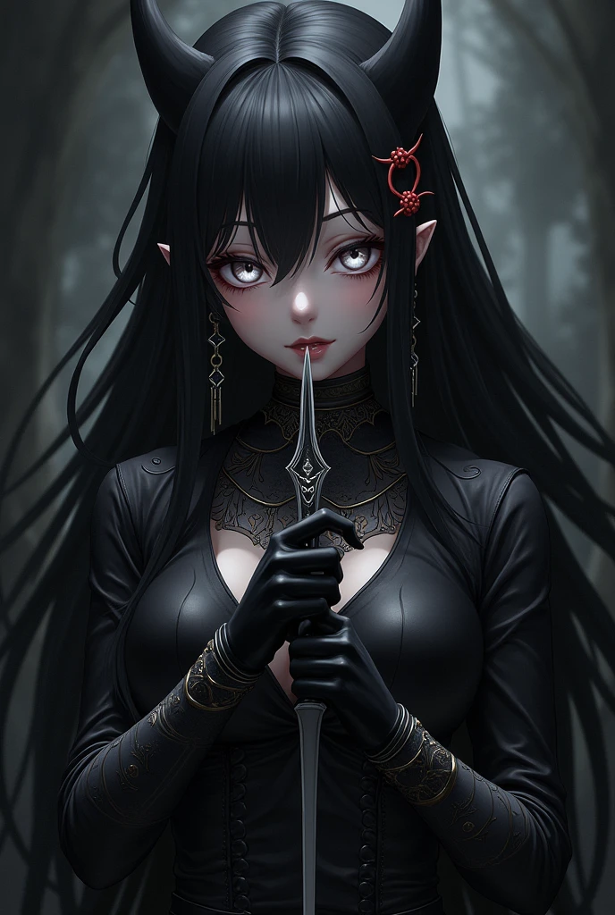 a female anime character with long black hair and white eyes is posed in a way to make her look like the demon lady of dark souls she is holding a sword, 1girl, solo, breasts, yellow eyes, pointy ears, upper body, looking at viewer, black hair, hair ornament, gloves, jewelry, dark-skinned female
