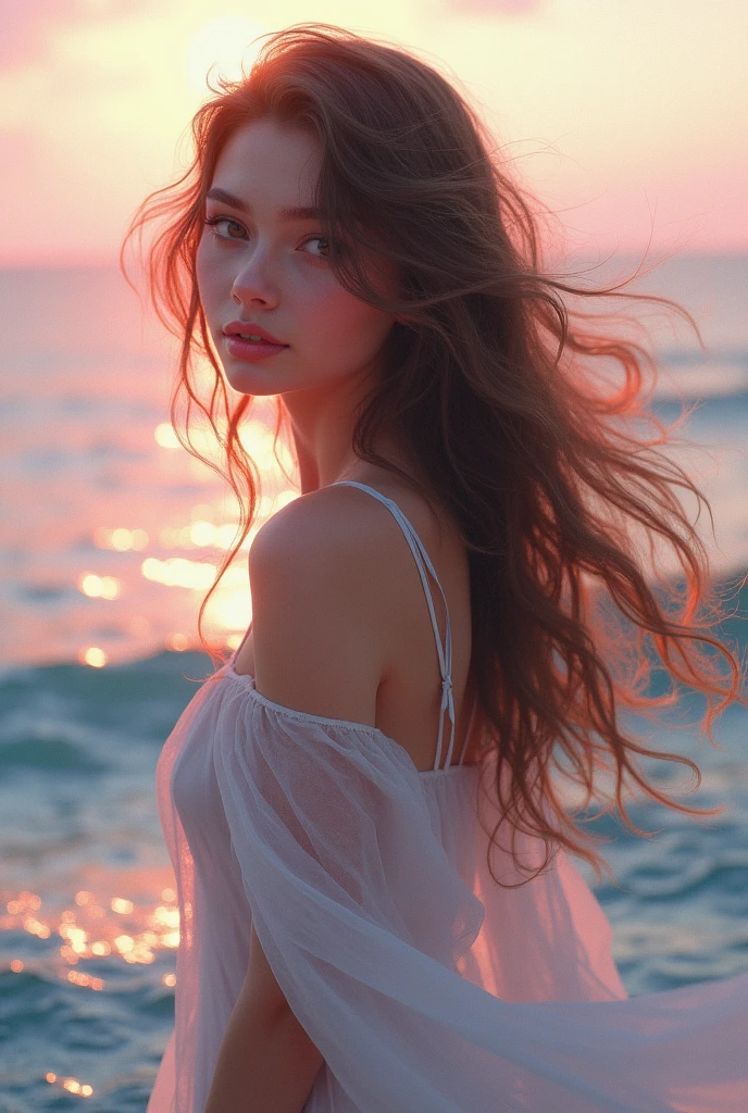 sea background, with pink would be with long wavy hair and light brown
