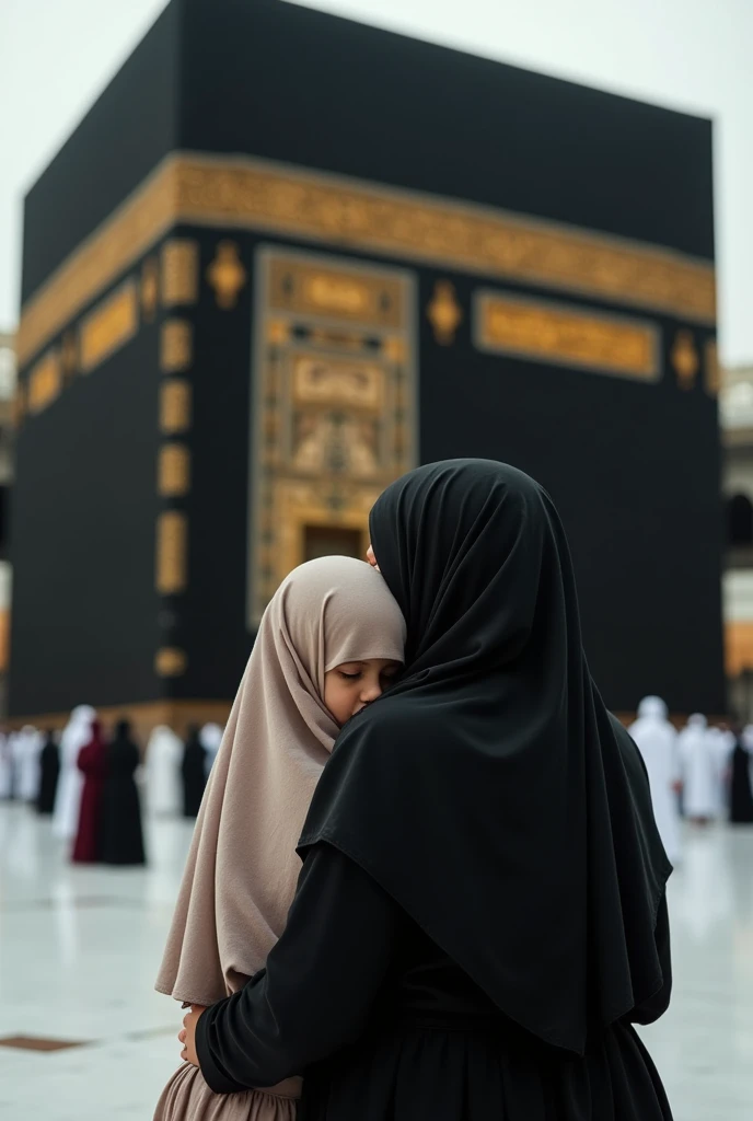 A girl standing in front of khana kabah with her mother  putting her head on mother shoulder both with back pose with head covered which seems original picture 