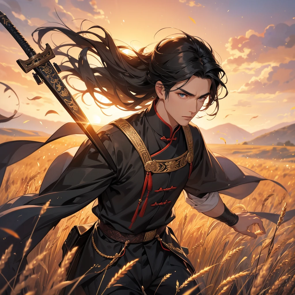 Handsome black-haired male general holding a large sword in ancient Chinese costume, Standing in the middle of wheat field, sunset, close up.