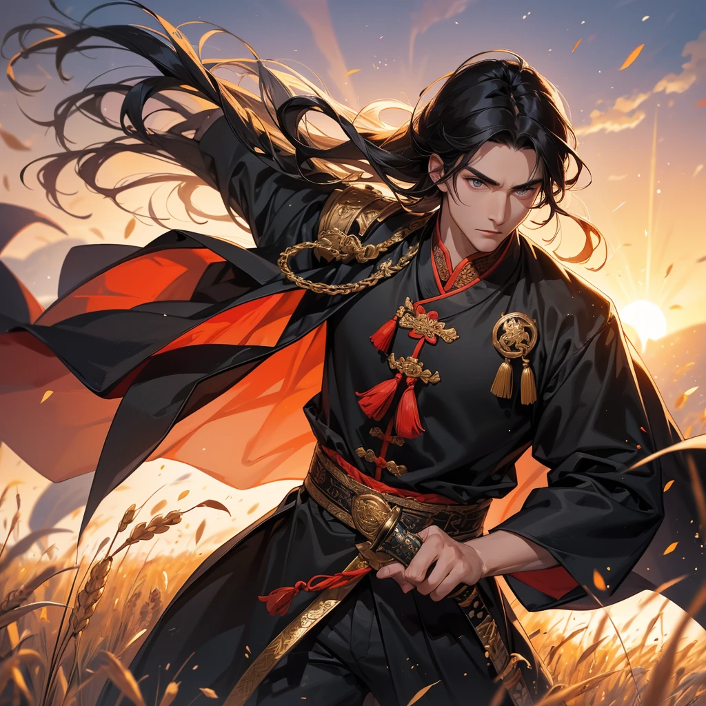 Handsome black-haired male general holding a large sword in ancient Chinese costume, Standing in the middle of wheat field, sunset, close up.