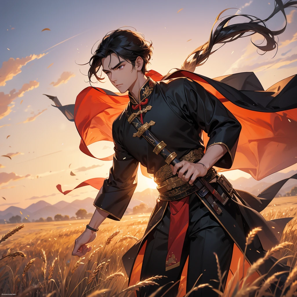 Handsome black-haired male general holding a large sword in ancient Chinese costume, Standing in the middle of wheat field, sunset, close up.