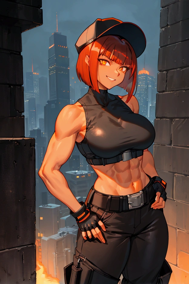 1woman, extremely muscular, tall, very tan, (black fade to red hair, Cyber Y2K Asymmetrical Bobcut, glowing orange eyes, big breasts, curvy), city, (black sleeveless crop top, baggy black pants, brown leather belt, black military boots, black backwards baseball cap, fingerless gloves), hands in pockets, grinning
