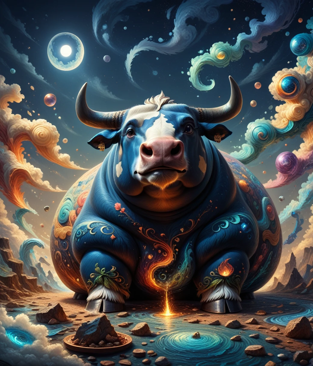 (cute, fat, obese, anthro, male, bull), DonM34r7h3l3XL, fullbody, adorable, magical oasis, fantasy, night time, moonlight, magical, extremely detailed, beautiful,whimsical, hires textures, highly detailed, intricate details, best quality, masterpiece, ambience lighting, detailxl, zPDXL2