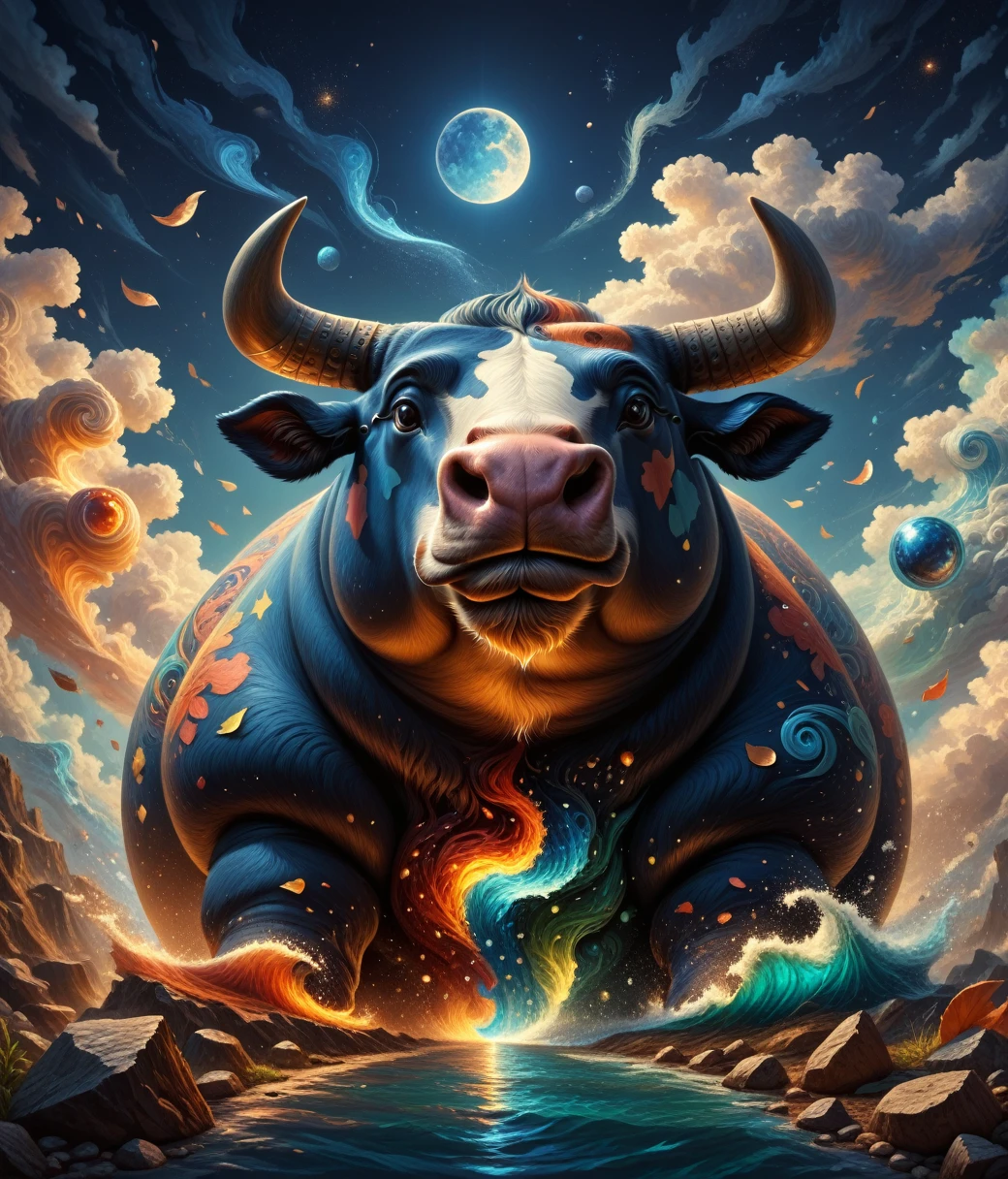 (cute, fat, obese, anthro, male, bull), DonM34r7h3l3XL, fullbody, adorable, magical oasis, fantasy, night time, moonlight, magical, extremely detailed, beautiful,whimsical, hires textures, highly detailed, intricate details, best quality, masterpiece, ambience lighting, detailxl, zPDXL2