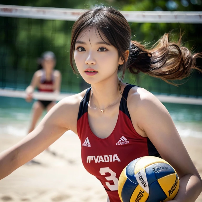 masterpiece, Best Quality, Illustration, Ultra-detailed, finely detail, high resolution, 8K Wallpaper, Perfect dynamic composition, Beautiful detailed eyes,  Beautiful detailed japanese woman playing Beach volleyball, huge file size, Super detailed, High Resolution, Very detailed, Best Quality, Masterpiece, 8k, Amazing, fine details, soft lighting, dynamic pose, Long hair, cinematic