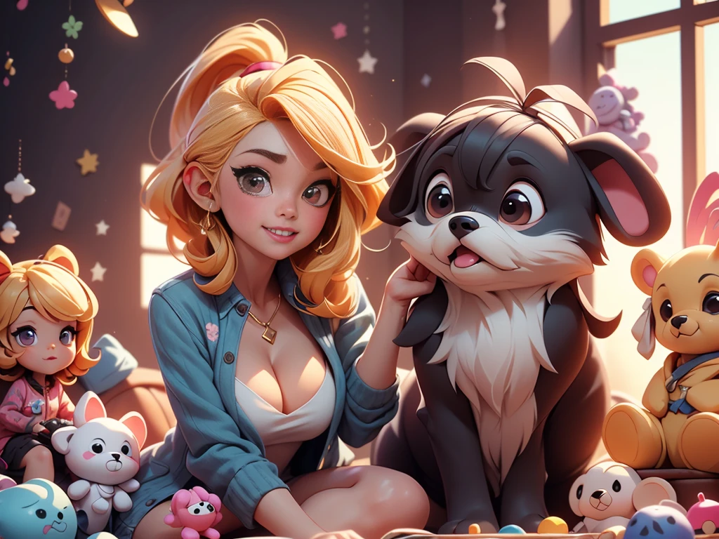 Adorable black shih tzu puppy holds a stuffed animal, cute blonde girl Sit in a room full of toys, cabelos preto e longos, cheerfulness, Rejoice, Perfect quality, Clear focus(Clutter - home:0.8), (tmasterpiece:1.2) (realisticlying:1.2) (Bokeh) (best qualtiy) (detailedskin:1.3) (complexdetails) (8K) (detailedeyes) (Sharp focus), (having fun)closeup cleavage, Luminism, cinematic lighting, wide shot, retina, textured skin, anatomically correct, best quality, award winning