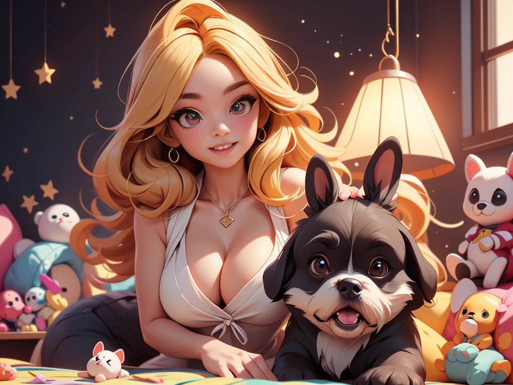 Adorable black shih tzu puppy holds a stuffed animal, cute blonde girl Sit in a room full of toys, cabelos preto e longos, cheerfulness, Rejoice, Perfect quality, Clear focus(Clutter - home:0.8), (tmasterpiece:1.2) (realisticlying:1.2) (Bokeh) (best qualtiy) (detailedskin:1.3) (complexdetails) (8K) (detailedeyes) (Sharp focus), (having fun)closeup cleavage, Luminism, cinematic lighting, wide shot, retina, textured skin, anatomically correct, best quality, award winning