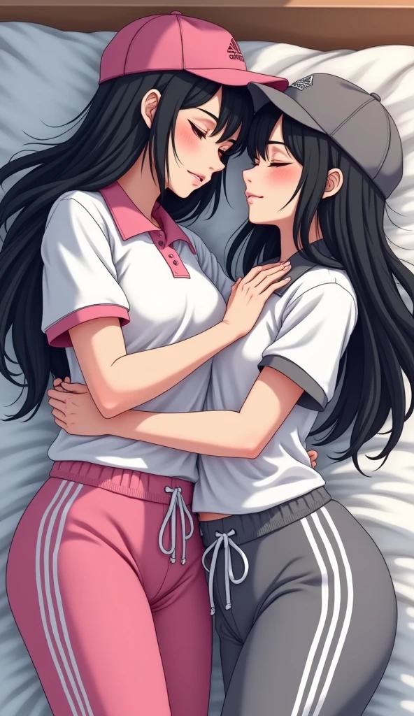 Two girls long black hairs, yuri

The first girl wear a white adidas polo shirt pink shirt collar pink sleeves, pink cap, pink adidas sweatpants with three white stripes, black underpants, medium white socks.

The second girl wore a white adidas polo shirt grey shirt collar grey sleeves, grey cap, grey adidas sweatpants with three white stripes, black underpants, medium white socks.

The hem of their adidas polo shirts was tucked into their sweatpants.

french kiss, lesbian kiss, hugging, hand on chest, sensual body, closed eyes, lying on the bed, novel cartoon, 4K, HD
