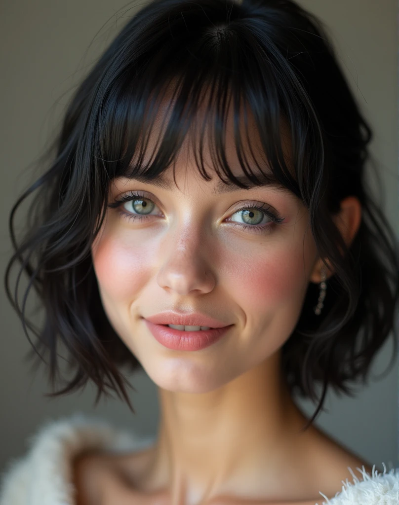 RAW photo, best quality, masterpiece, photorealistic, Polish girl, 20 years old, black hair, Light grey eyes, short bob cut, hair in 7 thirds, hair over one ear, Symmetrical eyes, solo, Detailed Skin, Detailed face, Big Breasts, rip gloss, blush, Eyes closed, sideways peace sign, smiling, beauty salon, wet hair, close-up of face