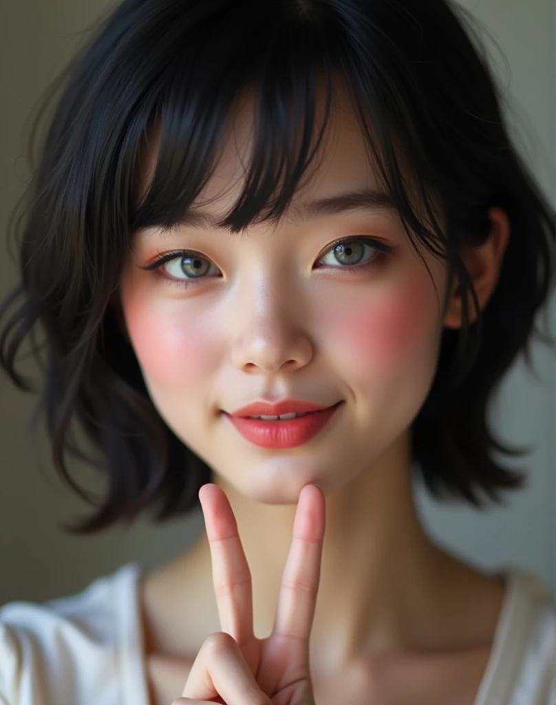 RAW photo, best quality, masterpiece, photorealistic, Polish girl, 20 years old, black hair, Light grey eyes, short bob cut, hair in 7 thirds, hair over one ear, Symmetrical eyes, solo, Detailed Skin, Detailed face, Big Breasts, rip gloss, blush, Eyes closed, sideways peace sign, smiling, beauty salon, wet hair, close-up of face