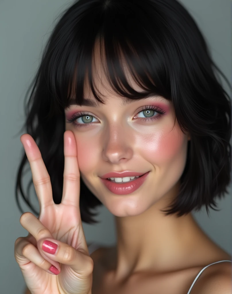 RAW photo, best quality, masterpiece, photorealistic, Polish girl, 20 years old, black hair, Light grey eyes, short bob cut, hair in 7 thirds, hair over one ear, Symmetrical eyes, solo, Detailed Skin, Detailed face, Big Breasts, rip gloss, blush, Eyes closed, sideways peace sign, smiling, beauty salon, wet hair, close-up of face