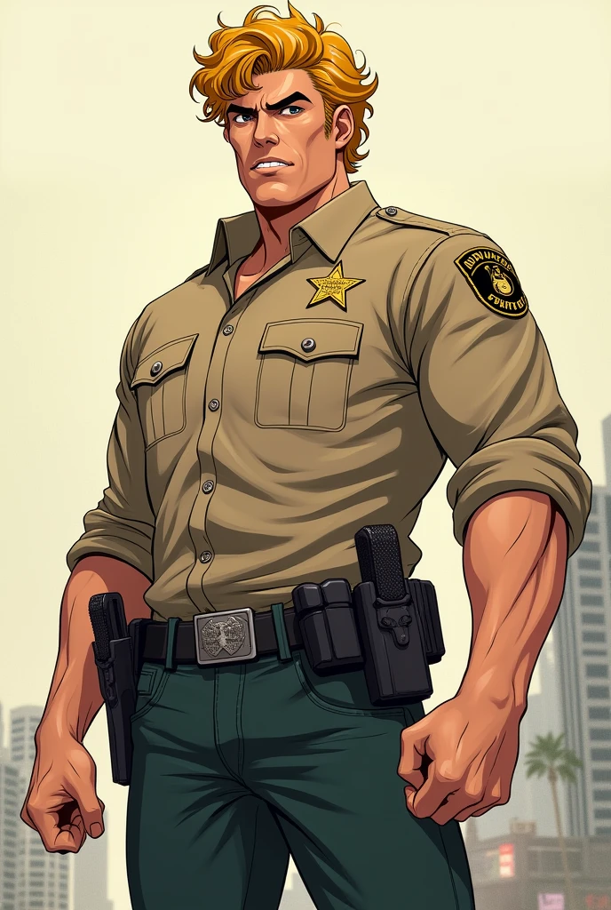 sheriff of los angeles, curly hair (yellow), anime style drawing (man with serious face) uses a gun