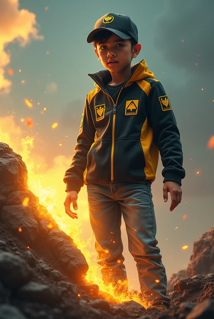a young real teenage age . 15 Malaysia Indonesia. (Yello eyes) . wearing an (black yellow ) zip-up shirt, (black yellow ) cap with small (mountain) logo, detailed face, cinematic lighting, dramatic atmosphere, vibrant colors, 8k, high quality, photorealistic. Hero suit. (Soil)come from his hand.big gaunlet rock color black yellow glowing .jeans pants. Very strong. Future design dress. Very epic