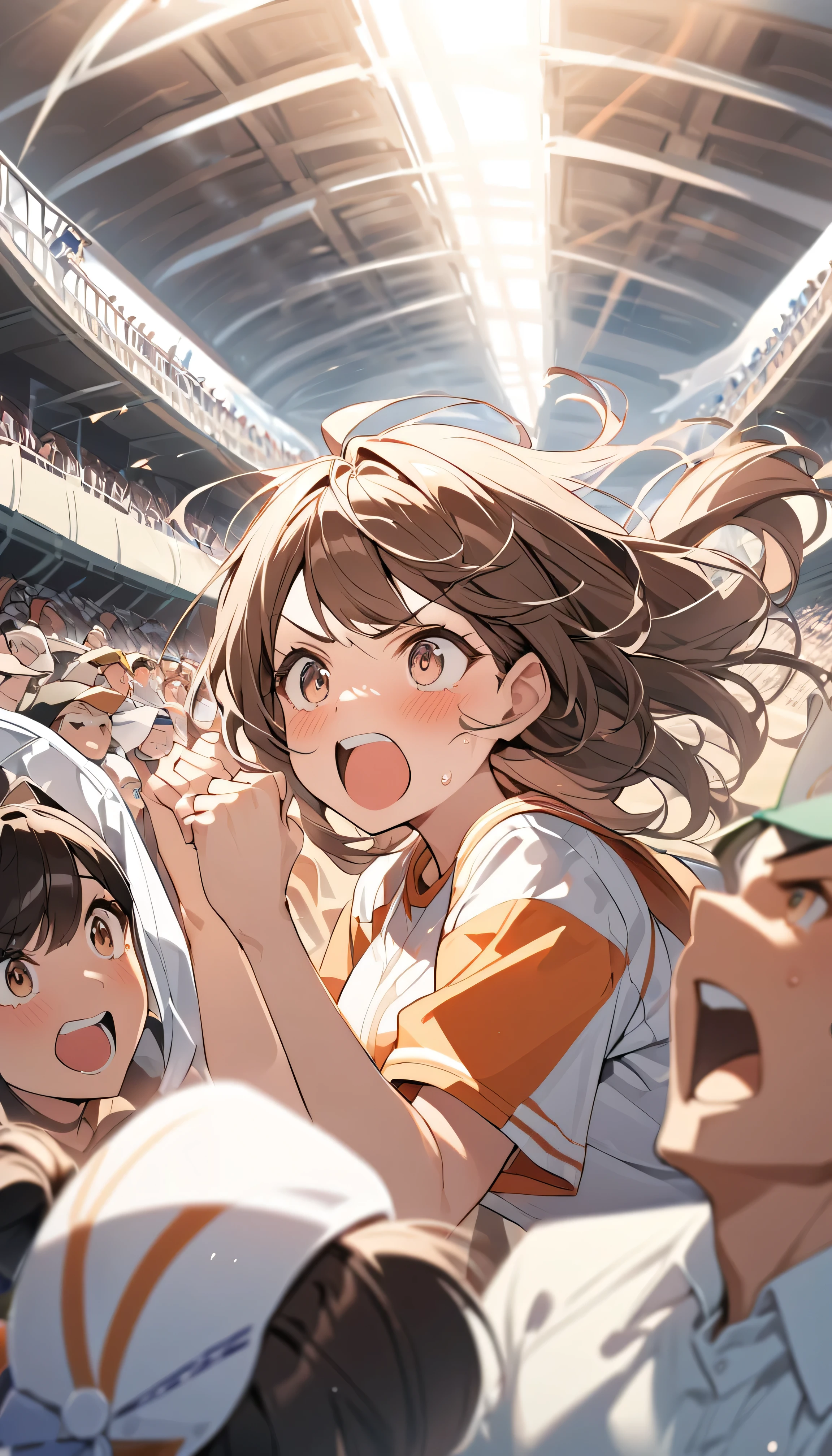 Highest quality,Detailed configuration,One Woman,Racecourse,Watching a horse race in the stands,Light Section,Brown Hair,Shouting and cheering,There are a lot of spectators around,Huge excitement