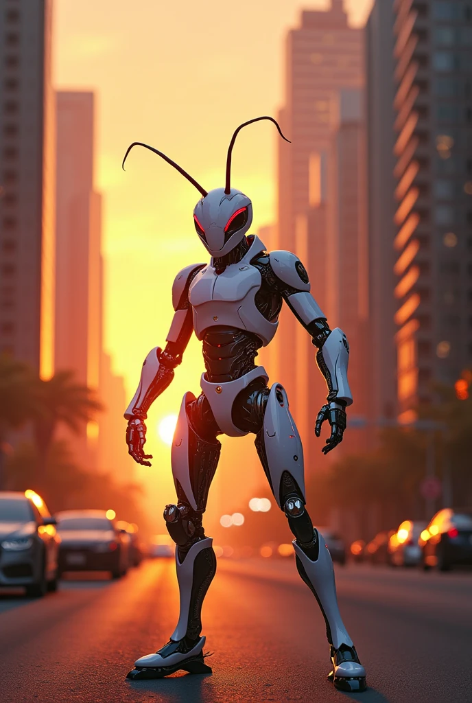 Fire ant in white glossy cyborg costume standing between sky scrapers at sunset running video
