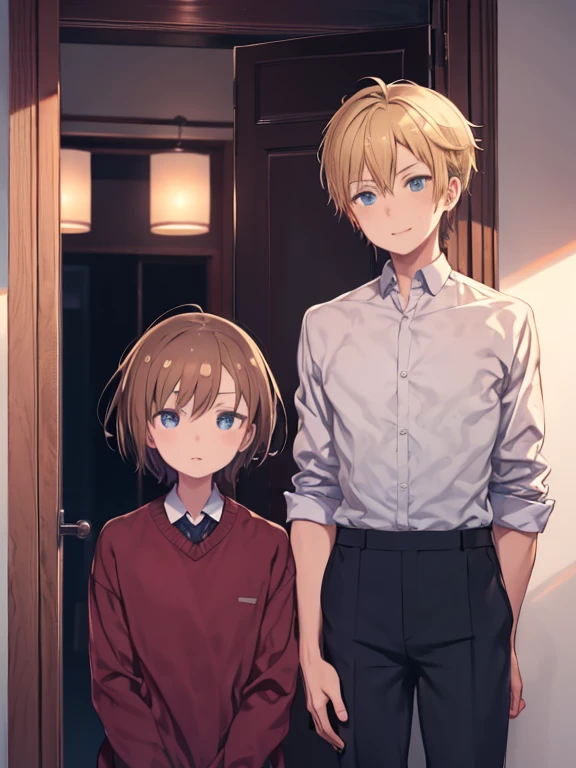 score_9, score_8_superior, score_7_superior, score_anime, (Beautiful Eyes),2 people,Grin,An anime-style image showing two boys eavesdropping with their ears pressed against a door. The two boys lean forward and listen intently.. One boy is blonde, The other one has brown hair.. They are both wearing white collared shirts. The composition focuses on their superiorper bodies, Capture their curious expressions,(Detailed eyes),Detailed skin,masterpiece,最high quality,最high quality,high quality