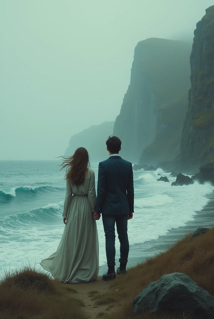 Can you create a picture of a couple in a distant shores and the concept is sad romance