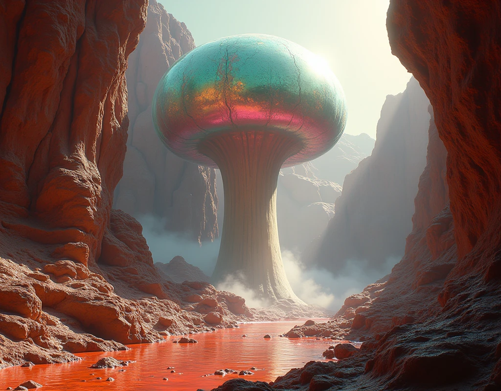 CheeseOnTopStyle Copper cheese, a spaceship landing in a neon-lit alien canyon <lora:CheeseOnTopStyle:0.9>