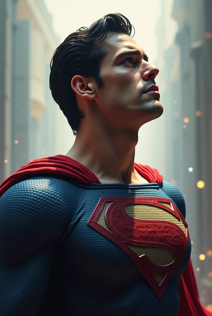 Image of Superman asking God for a prayer but looking straight ahead so that his face can be seen more