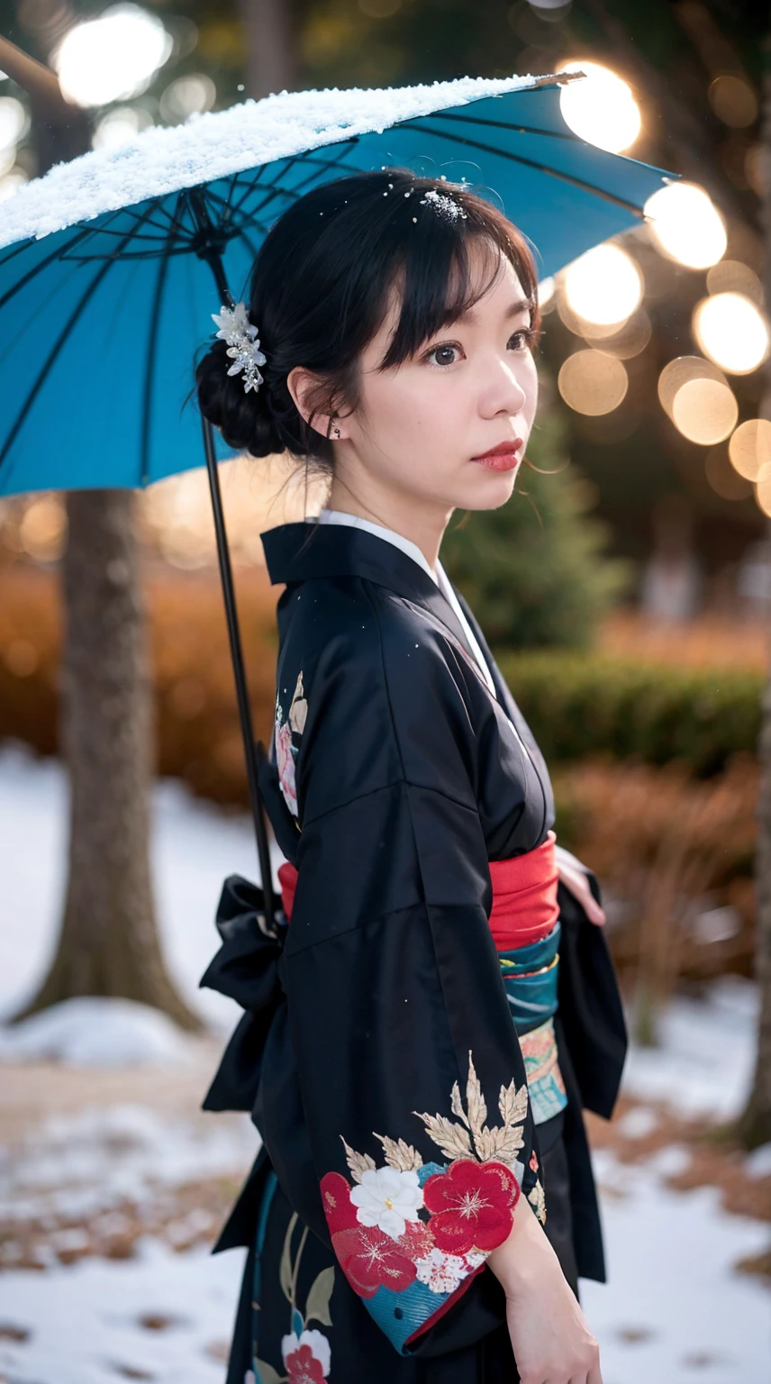 (masterpiece, best quality:1.2), 1girl, 35yo, solo, thick body, wearing Japanese kimono dress, ParewaFace, (cam from side), standing against snow city, blurry background, depth of field, ((bokeh)), (snow falling)