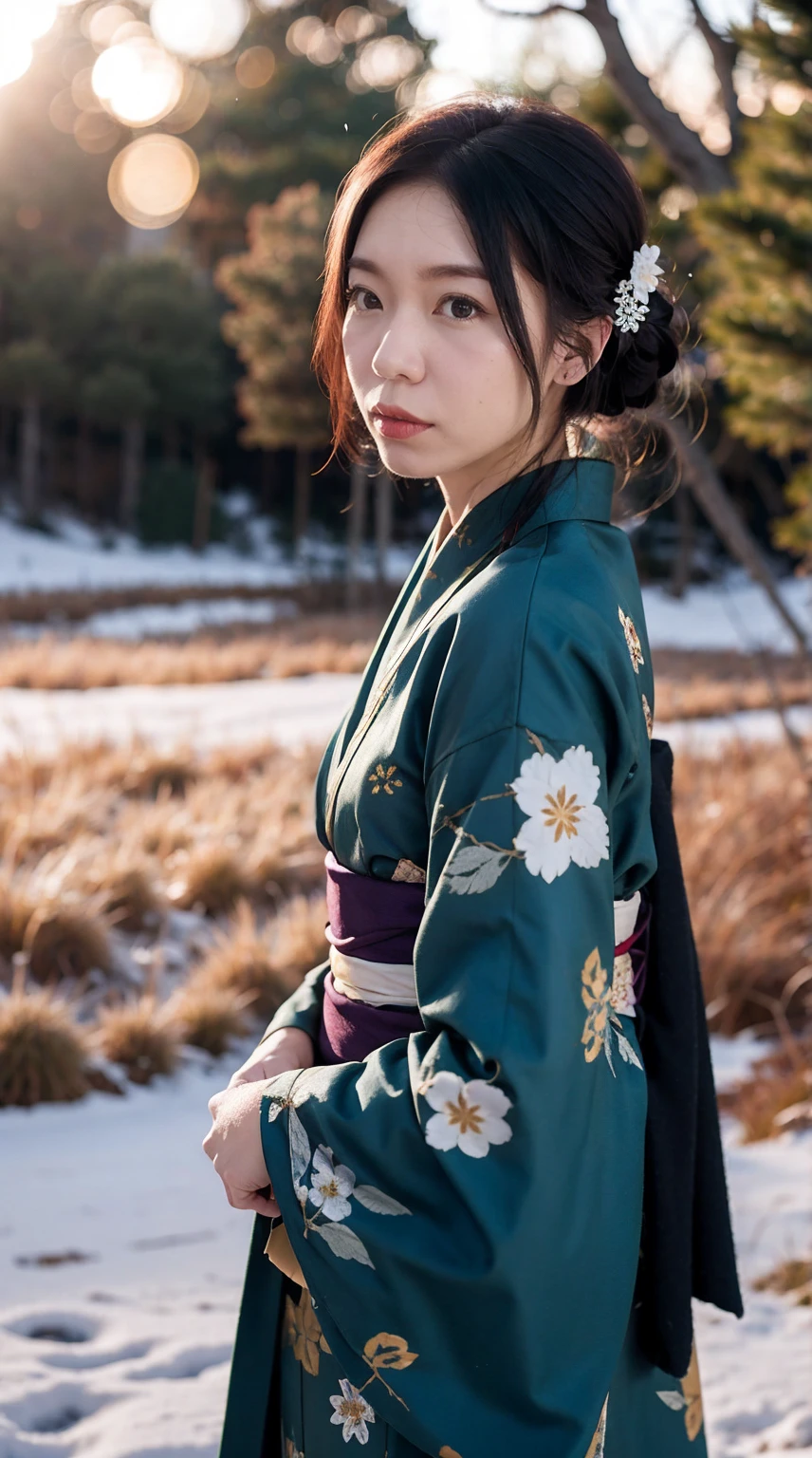 (masterpiece, best quality:1.2), 1girl, 35yo, solo, thick body, wearing Japanese kimono dress, ParewaFace, (cam from side), standing against snow city, blurry background, depth of field, ((bokeh)), (snow falling)