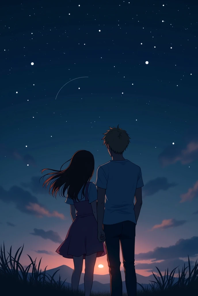 Create a 23 year old girl with long brown hair with a 25 year old boy with slightly long brown blonde hair, In the background the night with stars and the two of them with their backs turned, neither of them showing their faces