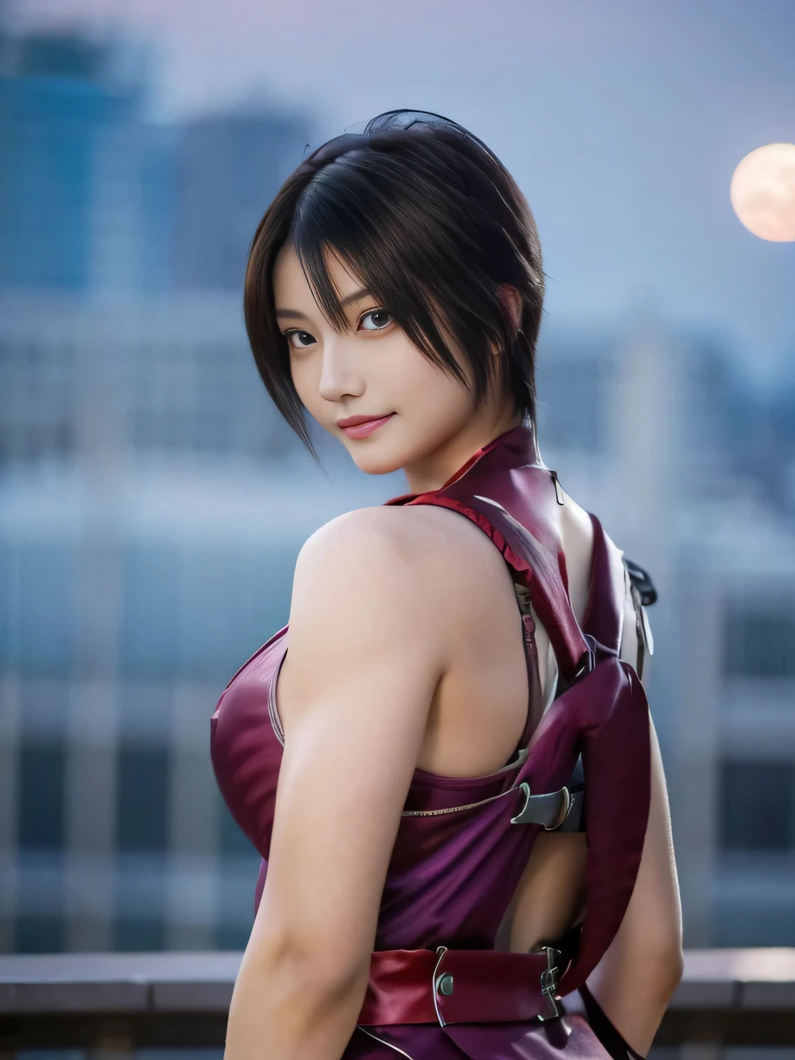 20 year old Japanese beauty，One woman、Muscular body like a bodybuilder、Emphasize the breasts、Slit eyes、A head-to-toe view，Bust is very very large、Full moon night in the background、High quality photos、Clear, crisp images of the lower body、Masterpiece 8k、Smiling、Throwing a shuriken with the right hand、From the front, from the side, from the back, etc.々from what camera angle to shoot、A ninja costume of purplish-red color