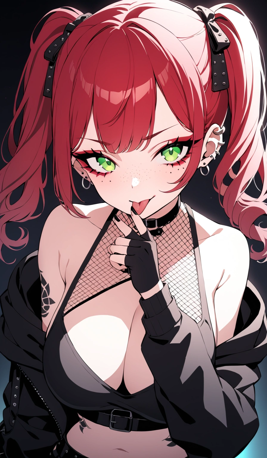 woman, curly red hair in pig tails, green eyes, eye shadow, black hoodie, black finger-less gloves, exposed shoulders, large breasts, freckles, cleavage, fishnet undershirt, looking at viewer, Holo-Punk Style, goth, earrings, eyelashes, makeup, solo, tattoo, punk aesthetic, cinematic lighting, masterpiece, best quality, face close up, sticking tongue out, split tongue, two fingers