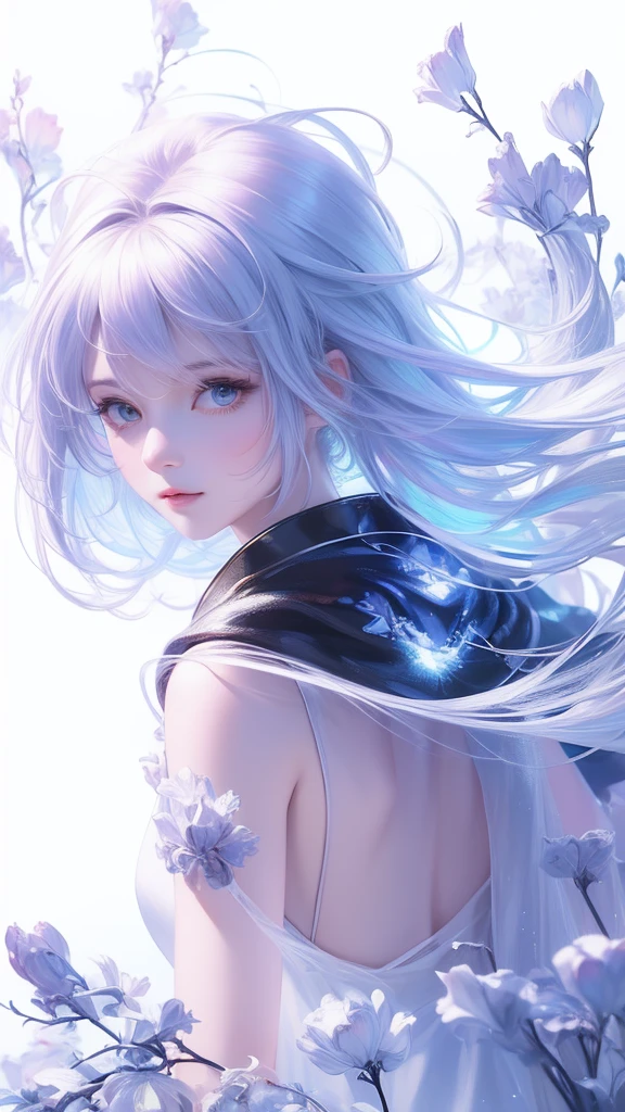 ((masterpiece)), (((best quality))), ((ultra-detailed)), ((illustration)),[realism light effect],shadow,(Fantasy style),(white background:1.6), simple background, (earth theme),(a cloak)[(hair focus,((1girl)),[(big slime hair): (cloud hair):0.3], (hair on background),(high saturation),(hair surrounded by galaxy splashes),)):((her hair is becoming galaxy clouds,:1.27628), (hair and clothes is galaxy clouds and cluster of stars:1.1025),(a cloak is becoming galaxy clouds)