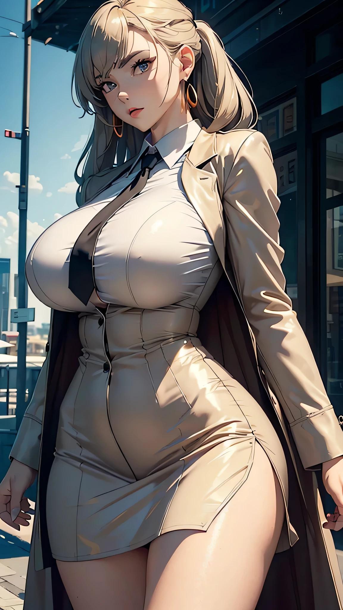 (masterpiece:1.3), ((Best quality at best)), (disorganized:1.3), (highest quality:1.3),(perfect anatomy:1.5),Super detailed:1.3),(best shadow:0.7),(Ultra high resolution), extremely detailed texture, sharp focus, realistic lighting, cinematic quality, photorealistic details, smooth shading, fine grain, high dynamic range, 8K quality, exquisite clarity, ((looking at viewer:1.3)), arm_behind_return, rest outdoors, intimidating pose, crystal earrings, beige latex dress, suit, gray shirt, hip-covering skirt, huge , extremely large and enormous breasts that hung down due to her size,