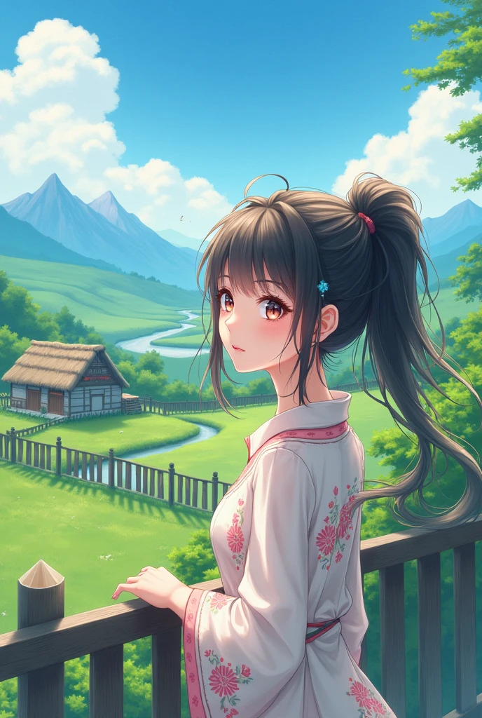 Anime girl in a city with a rural landscape background