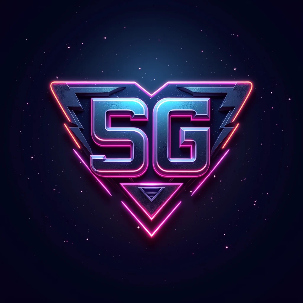 Create A gaming logo 'SG'  with multiple Neon colours and star background , Unique design , Straight Letters and samall , square shield under letters , metalic