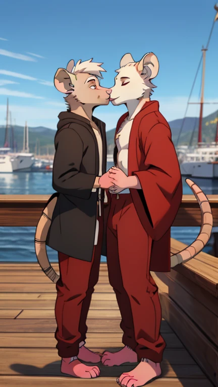Best quality, Super detailed illustration, (furry rat gay boy:1.4), gay couple kissing each other, masculine face and body, femboy, disheveled thick white hair, dark brown fur, two-tone dark brown fur, red robe, red pants, gray goatee, smug smile, half-closed detailed eyes, against the background of the harbor, gay male, small waist, wide hips, slim, perfect body, style "DND"
