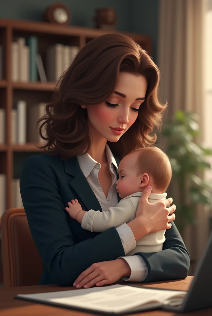 White woman, medium brown wavy hair In a law office working and next to him a baby in a hug